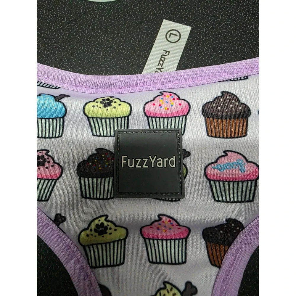 FuzzYard Dog Harness Large Cupcake Print Purple Trim Adjustable Soft Halter